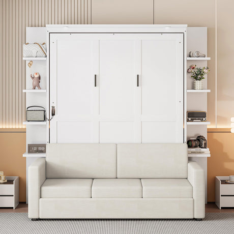 P PURLOVE Queen Size Murphy Bed with Sofa, Wall Bed with Wood Slat Support, Space-Saving Folding, No Box Spring Needed, Easy Assembly, White P PURLOVE