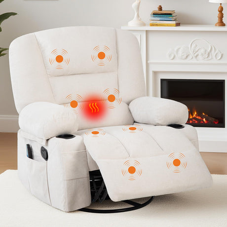 Chenille Rocking Recliner Chairs, Massage Recliner Chair with Vibration Massage and Heat, 360° Swivel Rocking Recliner Chair with Side Pockets Cup Holders, for Bedroom,Living Room,Home Theater,White WARMTOBABY