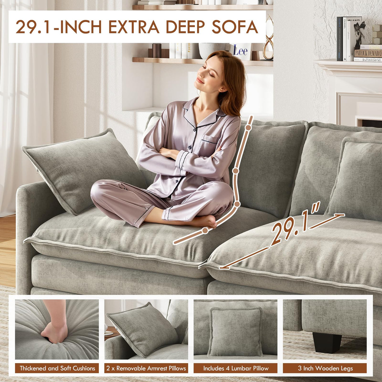 WorthFurni 146” Oversized Modular Sectional Sofa, U Shaped Cloud Couch Set for Living Room, 4-Seater Comfy Chenille Couches with 2 Movable Ottomans, DIY Combination （Grey） WorthFurni
