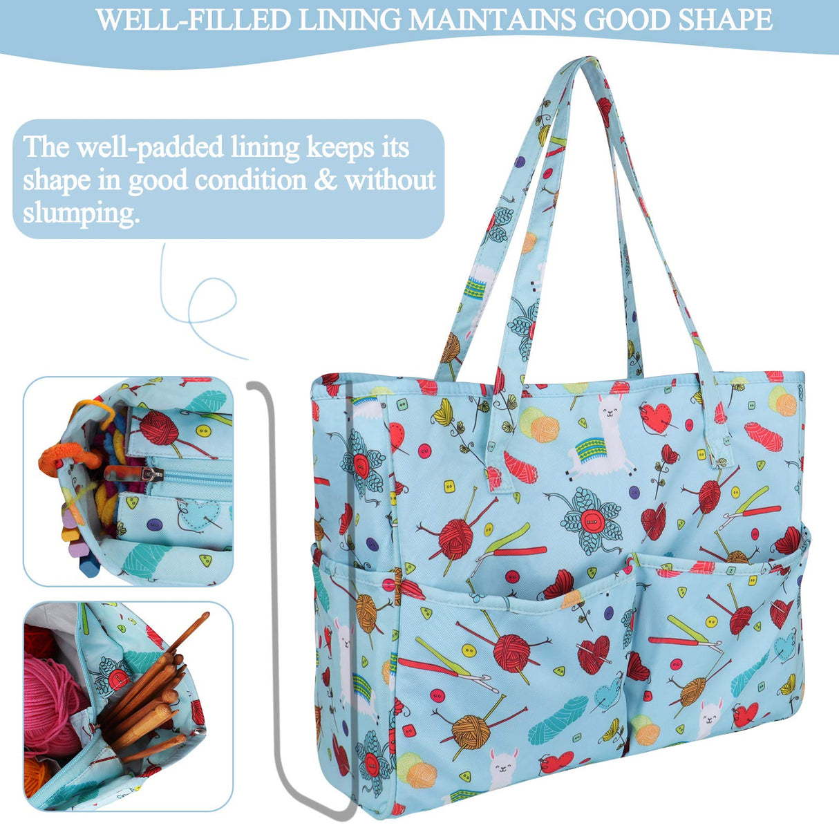 Coopay Craft Bag for Yarn Crochet Knitting Cross Stitch Project & Supplies, Crochet Bags Knitting Tote for Embroidery Item Crochet Hooks Knitting Needles, High Capacity & WaterProof, Cute Alpaca Coopay