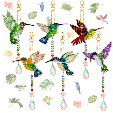 Tradder 6 Pcs Diamond Art Painting Rhinestone Hummingbird Wind Chimes Birds Art Kits for Adults Diamond Summer Decor Suncatchers Double Sided 5d DIY with Crystal Pendant for Home Window Decor Garden Tradder
