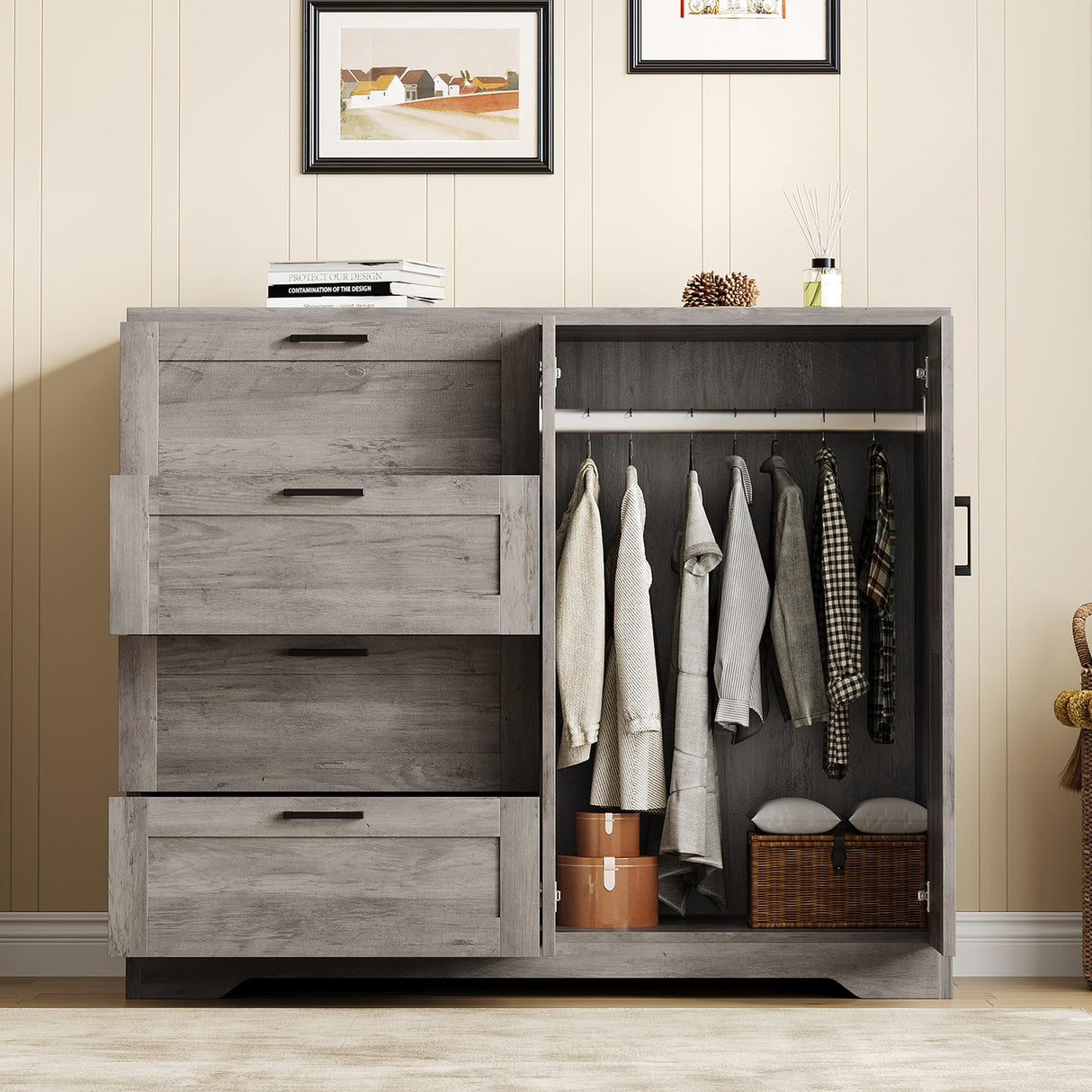 IDEALHOUSE 43.3'' H Armoire Wardrobe Closet with 4 Drawers and 2 Doors, Hanging Rod, Multifunctional Wooden Dresser with Storage Closet, Bathroom Cabinet for Bedroom, Gray IDEALHOUSE