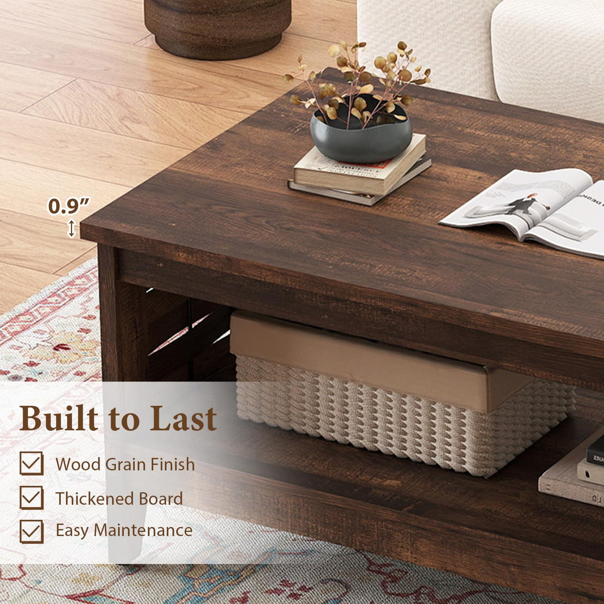 Giantex Farmhouse Coffee Table, 2-Tier Center Table with Storage Open Shelf & Woven Slatted Design, 39.5" Rectangular Accent Cocktail Table, Wood Coffee Tables for Living Room (Rustic Brown) Giantex