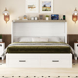 Ball & Cast Queen Murphy Bed with Charging Station,Farmhouse Murphy Cabinet with Large Storage Drawer,Hideaway Bed Foldable Platform Bed for Guest Room, Apartment, White Ball & Cast