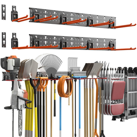 TORACK Garden Tool Organizer Wall Mount, Garage Folding Chair Storage Rack, Tools Rack for Shovels, Rakes, Broom, Ladders, Hooks for Keyhole Style Shelving Unit TORACK