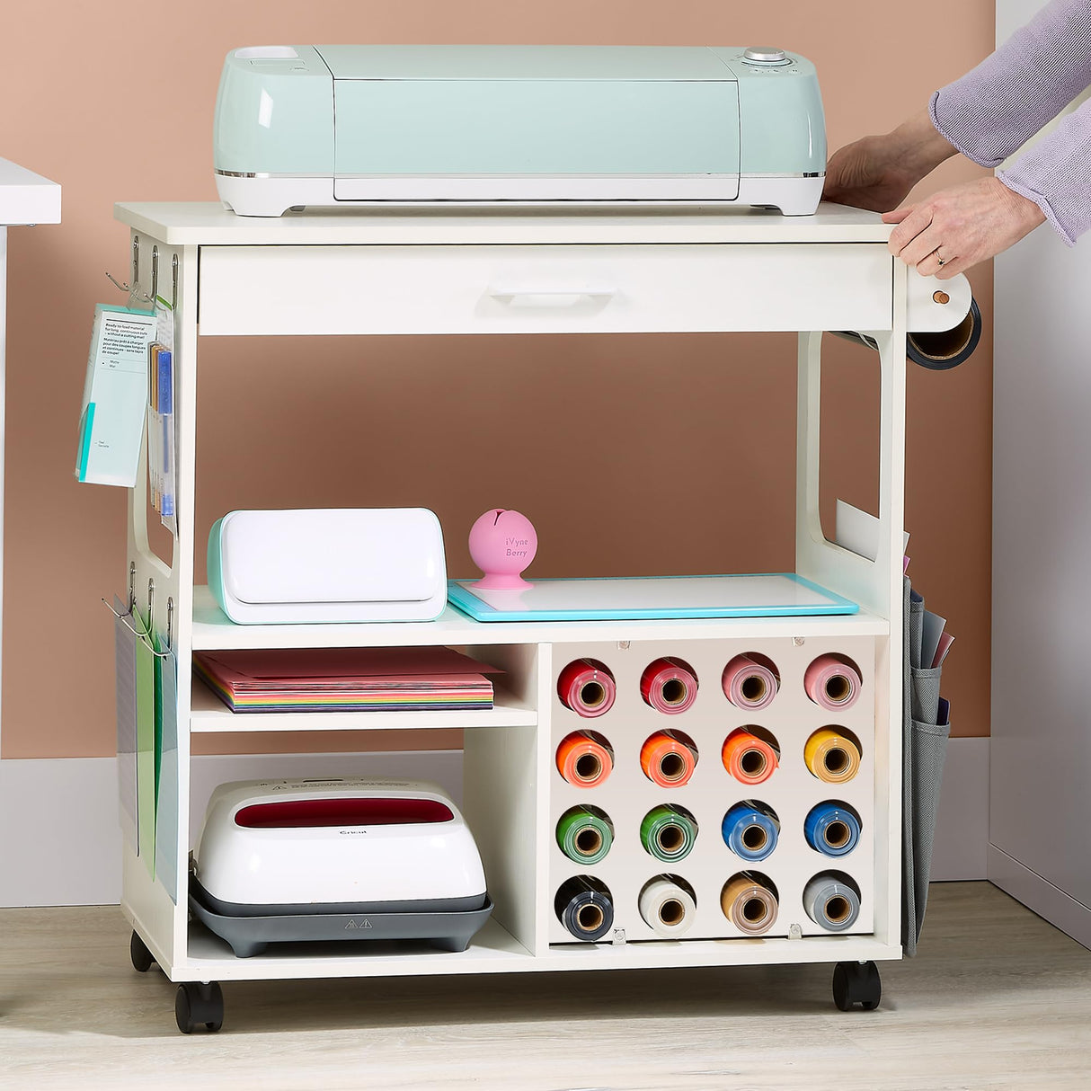 iVyne Craft Cart, Ultimate Organization & Storage Table for Cricut/Silhouette, Craft Table with Storage, Workstation for Accessories, iVyne Berry, Vinyl Rolls, and More - White iVyne