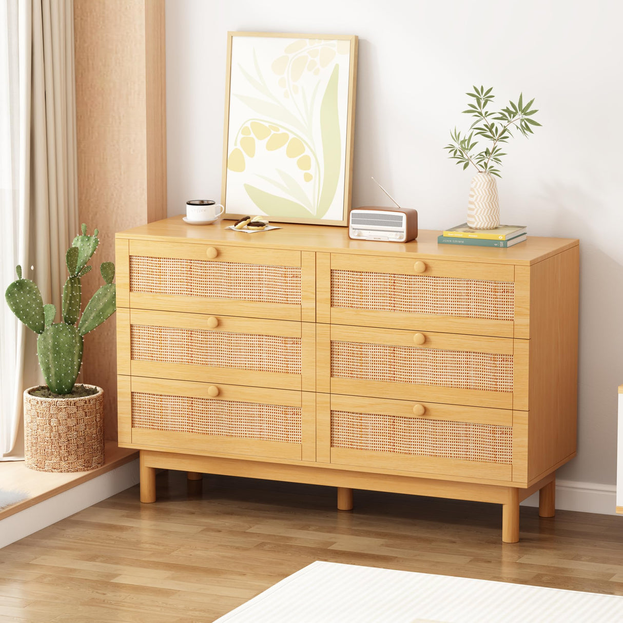 DHMAKER 6 Drawer Rattan Dresser for Bedroom, 48'' Modern Wooden Chest of Dressers with Spacious Storage, Beside Table for Closet, Entryway, Bedroom, Hallway, Living Room DHMAKER