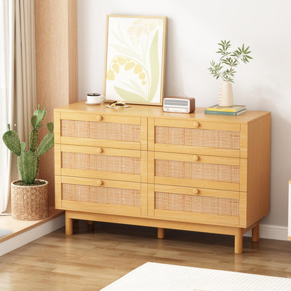 DHMAKER 6 Drawer Rattan Dresser for Bedroom, 48'' Modern Wooden Chest of Dressers with Spacious Storage, Beside Table for Closet, Entryway, Bedroom, Hallway, Living Room - WoodArtSupply