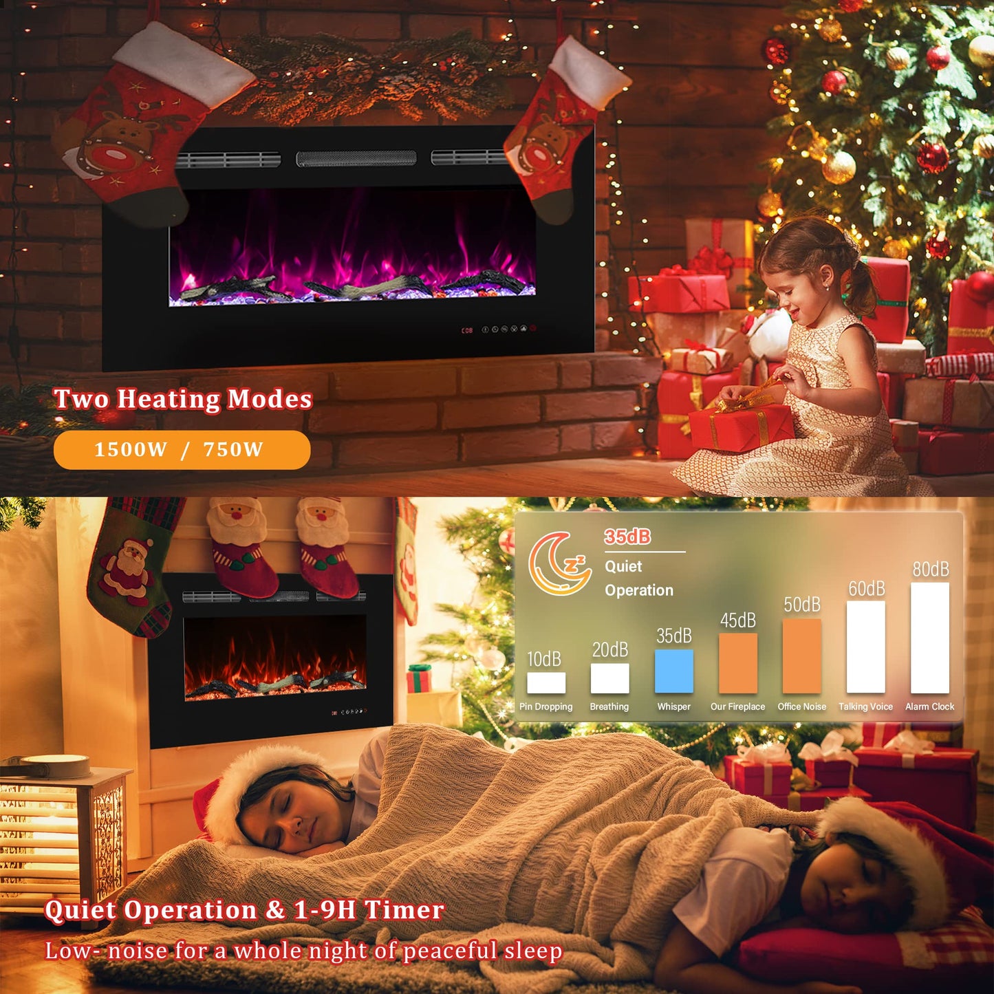 Oxhark Flame 48inch Electric Fireplace in Wall Recessed and Wall Mounted Fireplace Electric, 13 Flame Colors, Realistic Logs &Crystals Fuel Bed, Adjustable Temperature and Timer, 750W/1500W, Black