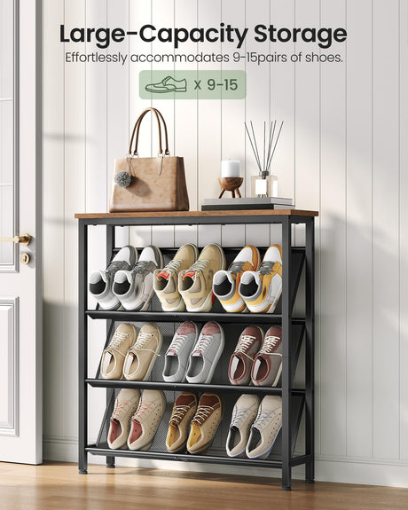 CHOEZON Shoe Rack, 4-Tier Slanted Shoe Storage Shelf, Narrow Shoe Rack for Entryway, Shoe Organizer with Adjustable Feet, Slim Shoe Shelf with Wooden Top and Metal Frame Rustic Brown and Black TXJ75BF CHOEZON