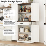 Hlivelood 72" Tall Farmhouse Kitchen Pantry Cabinet with Drawer, Rustic Wood Cupboard Storage Cabinet w/Organizer and 4 Barn Doors, Storage Cabinet for Kitchen, Dining Room, Living Room, Rustic White Hlivelood