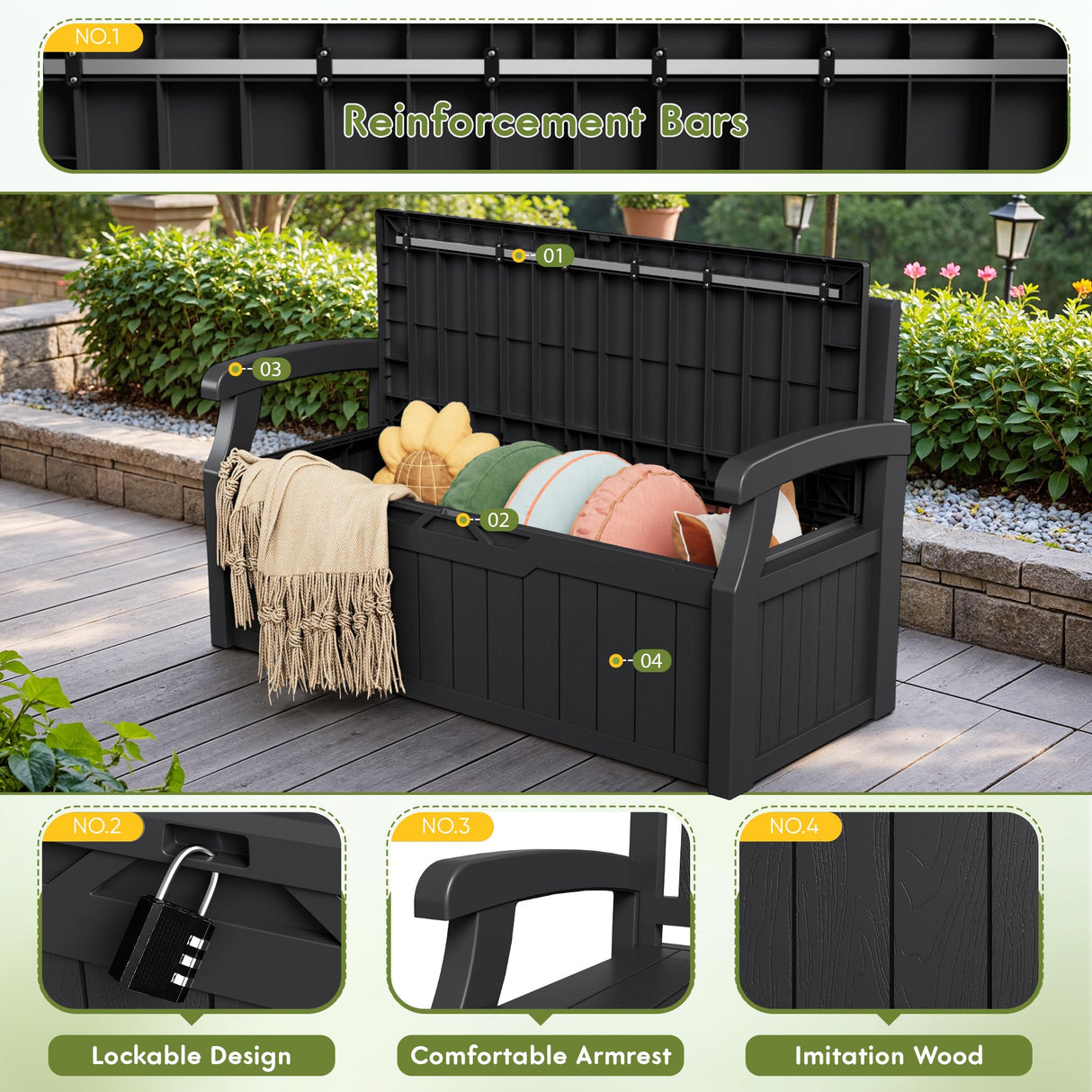 Greesum 80 Gallon Storage Bench Outdoor Deck Box with Armrest, Patio Furniture,Lockable, Waterproof and UV Resistant, Suitable for Garden, Pool, Black Greesum