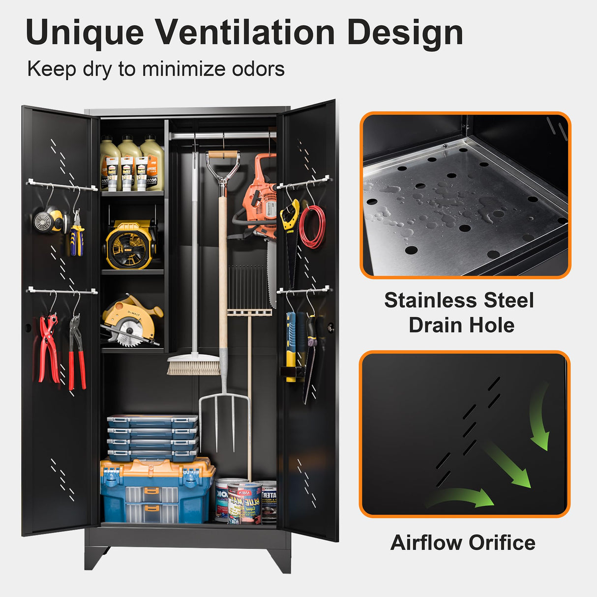 RpAosd 75" Broom Closet, Metal Storage Cabinet, Garage Cabinets with Doors and Shelves, Locking Cabinet for Garage, Laundry, and Warehouse, Garden Shed with Hanging Rod (75" H Black Cabinet) RpAosd