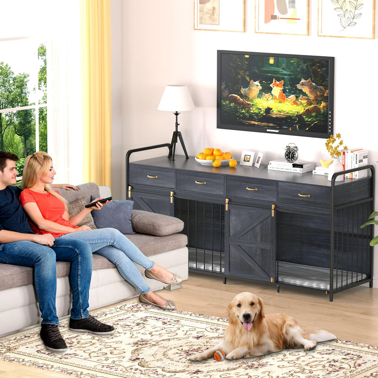 78.7 Inch Large Dog Crate Furniture for 2 Dogs Extra Large Dog Kennel Heavy Duty Wood Dog Crate Double Dog Crates Furniture TV Stand (Black) QJZLXKYT