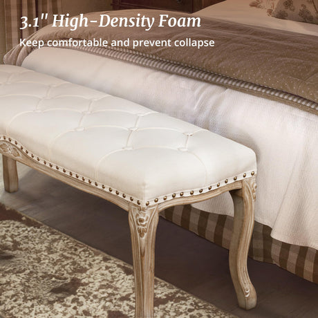 Cozyman Bedroom Bench, French Vintage Tufted Entryway Bench, 45.2" Carving Upholstered End of Bed Bench with Distressed Wood Legs, Linen Ottoman Bench Seat for Living Room, Foyer, Dining Room, Beige Cozyman