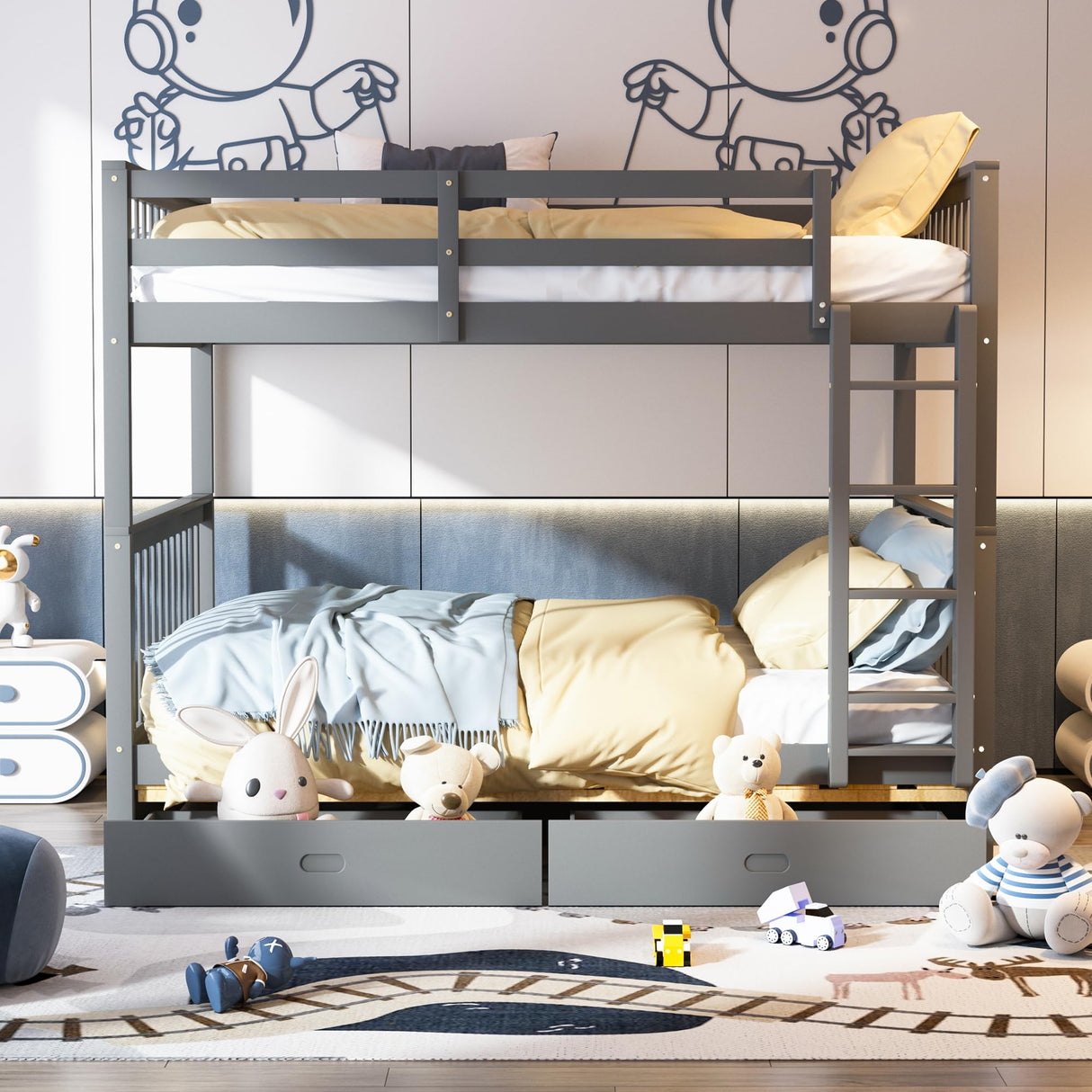 Merax Grey Solid Wood Convertible Bunk Bed with Storage Drawers and Ladders, Full Over Full Merax