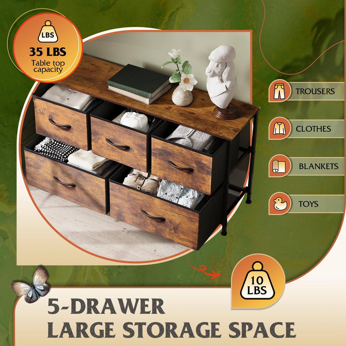 WLIVE Dresser for Bedroom with 5 Drawers, Wide Chest of Drawers, Fabric Dresser, Storage Organizer Unit with Fabric Bins for Closet, Living Room, Hallway, Rustic Brown Wood Grain Print - WoodArtSupply