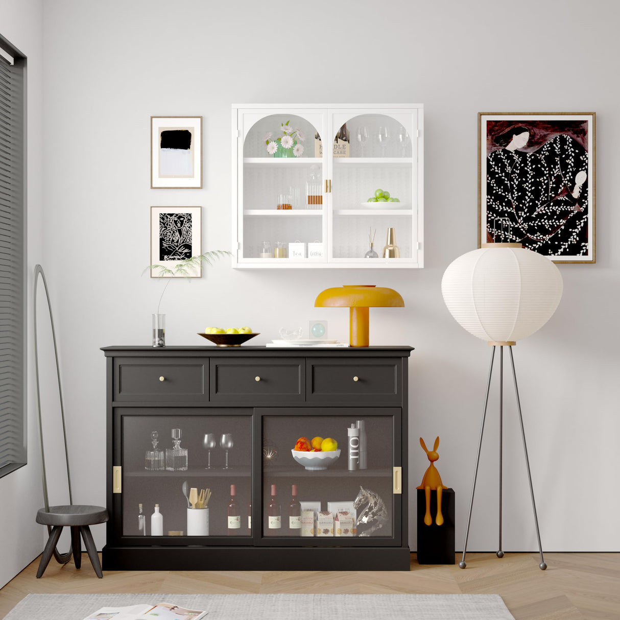 Retro Style Haze Double Glass Door Wall Cabinet with Detachable Shelves for Office, Dining Room,Living Room, Kitchen and Bathroom Mint White Wetiny