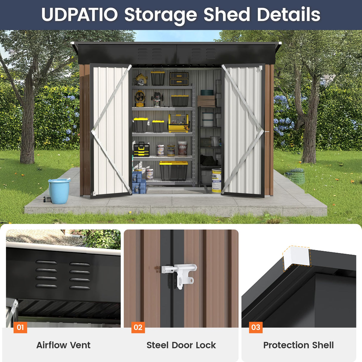 UDPATIO Outdoor Storage Shed 8x4 FT, Outside Sheds & Outdoor Storage Metal Galvanized Steel Yard, Patio, Lawn, Tool Shed with Lockable Door for Can, Bike, Lawnmower, Generator,Brown UDPATIO
