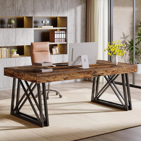Tribesigns 63-Inch Executive Desk, Farmhouse Office Computer Desk with Sturdy X-Shaped Legs, Large Writing Table Business Furniture Workstation for Home Office, Study (Rustic Brown & Black) Tribesigns
