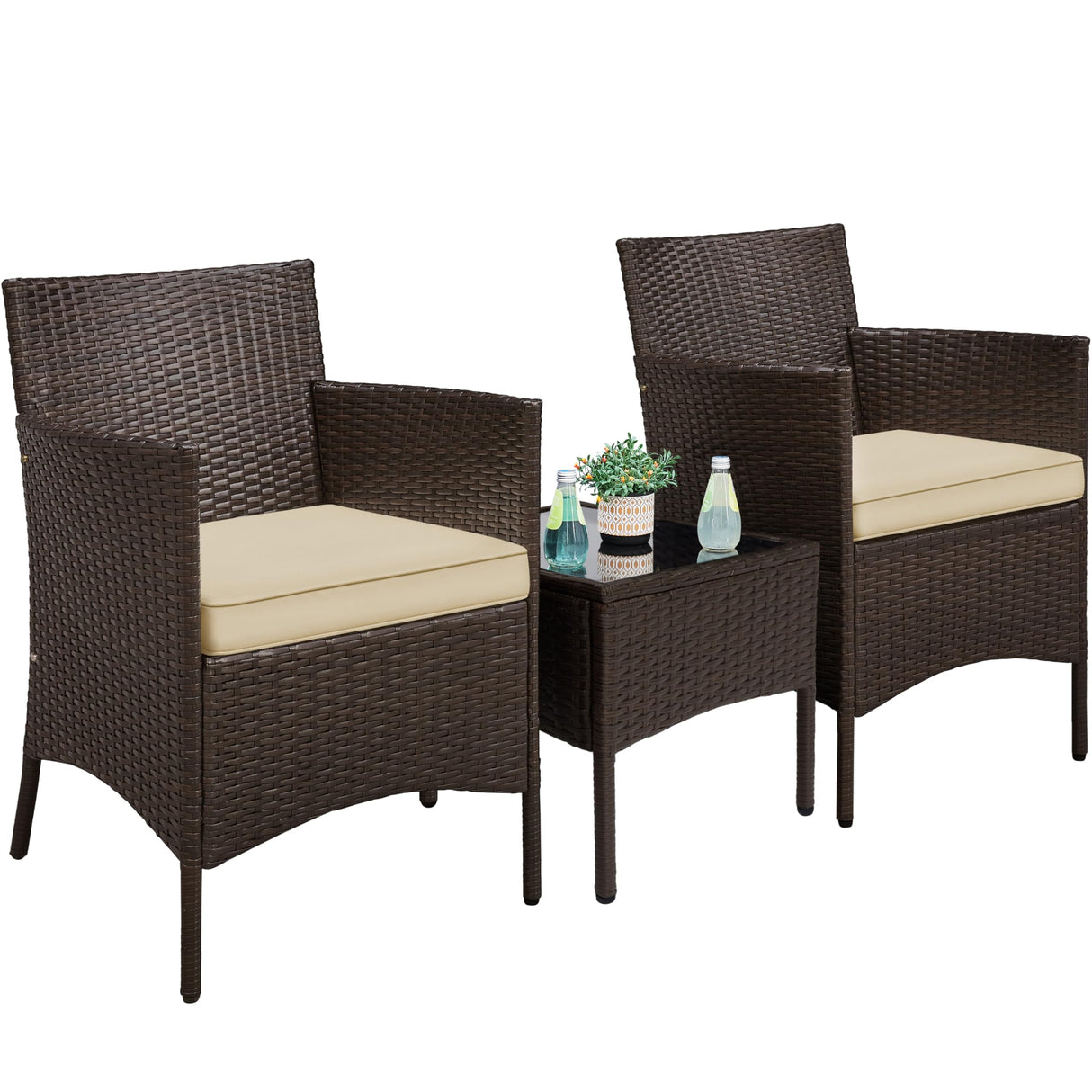 Yaheetech 3 Pieces Patio Porch Furniture Set, Outdoor PE Rattan Wicker Conversation Set with Soft Cushions, Glass Coffee Table & 2 Chairs for Garden/Deck/Courtyard/Poolside, Brown/Khaki Yaheetech
