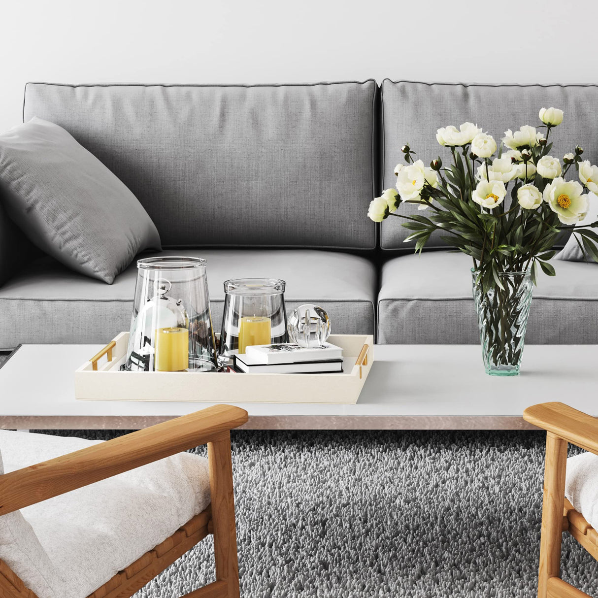 ATZYmolin 17" x 12" Wood Serving Tray with Gold Polished Metal Handles, Home Decorative Wooden Rectangle Ottoman Leather Decor Platter Bathroom Vanity Tray for All Occasions White ATZYmolin