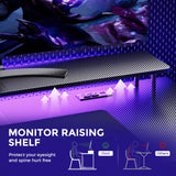 GTRACING Gaming Desk with LED Lights, 55 Inch Large Computer Gamer Desk with Monitor Stand & Power Outlet, Ergonomic Carbon Fiber Surface Gaming Table with Mouse Pad for Home Office, Carbon Black GTRACING