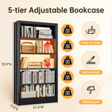 Jazipic 5-Tier Bookcase with Adjustable Storage Shelves, Heavy Duty Bookcase, Metal Bookshelf with Book Stopper, Black Bookcase Shelf for Library, Office, Living Room Jazipic