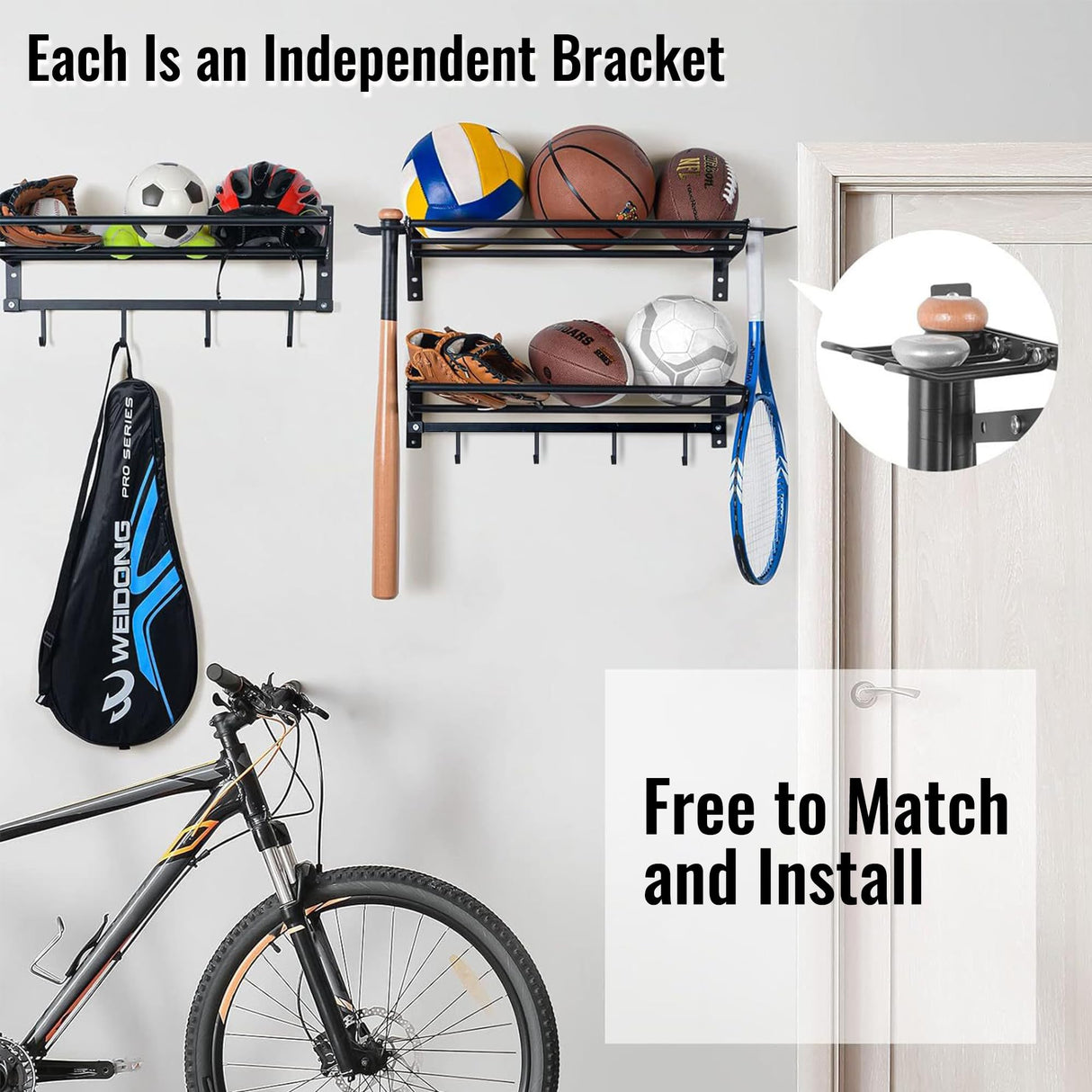 FelRelWel Garage Sports Equipment Storage Rack with Separate Shelf, Ball Rack, Sport Equipment Organizer withHooks for Badminton Racket, Basketball Rack for Basketball Football Rugby FelRelWel