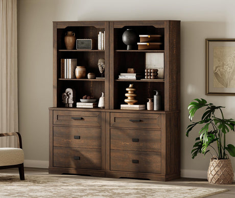 WAMPAT 2 Column 73.3" Tall Bookcase with Chest of Drawers, 63 inch Wide Standing Rustic Bookshelves, Modern Farmhouse Display Storage Cabinet with Adjustable Shelves,Dark Wood Brown WAMPAT