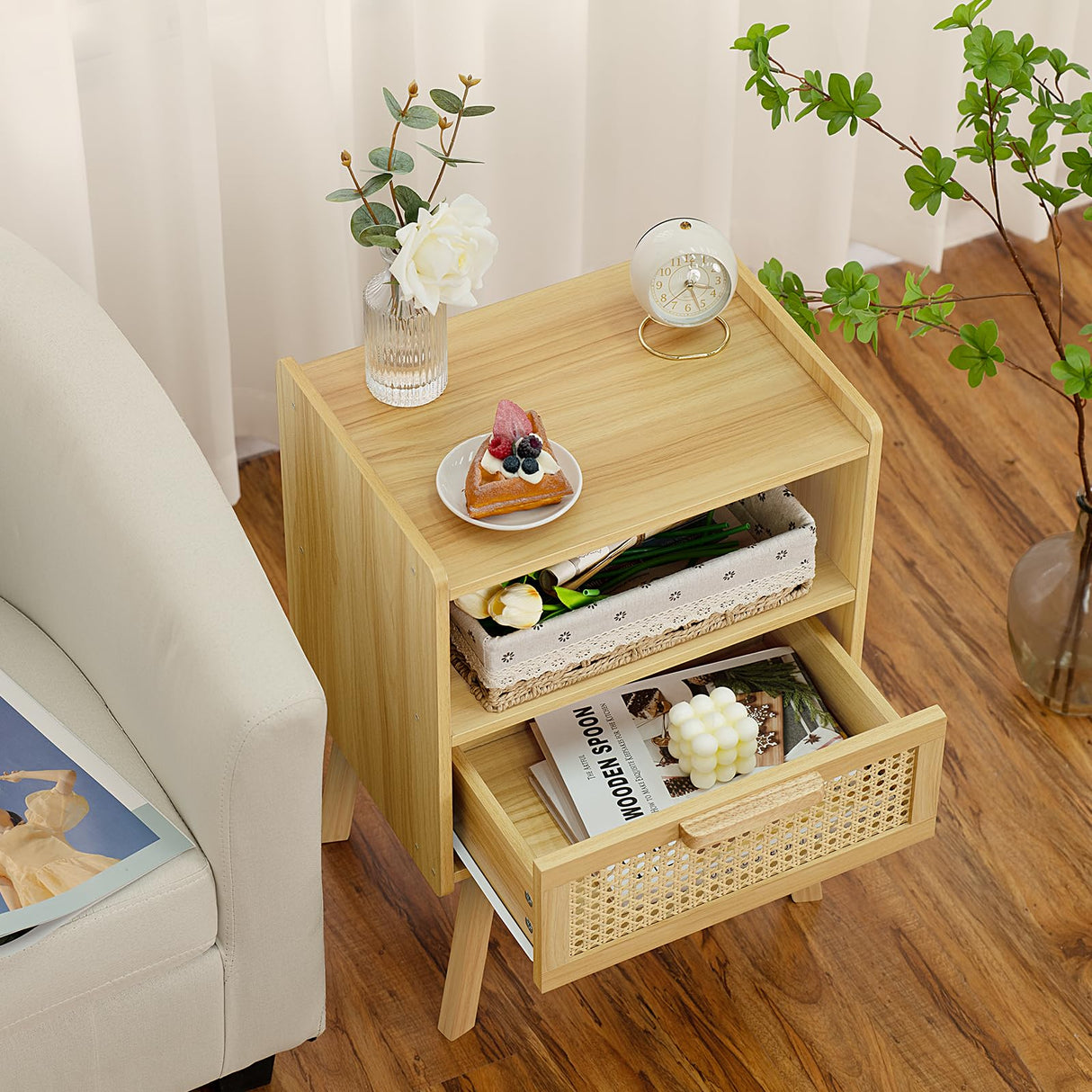 Lerliuo Rattan Nightstand, Boho Night Stand with Handmade Natural Rattan Drawer and Open Shelf, Cane Accent Side Table, End Tables with Solid Wood Legs for Bedroom, Dorm and Small Spaces Lerliuo