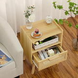 Lerliuo Rattan Nightstand, Boho Night Stand with Handmade Natural Rattan Drawer and Open Shelf, Cane Accent Side Table, End Tables with Solid Wood Legs for Bedroom, Dorm and Small Spaces Lerliuo
