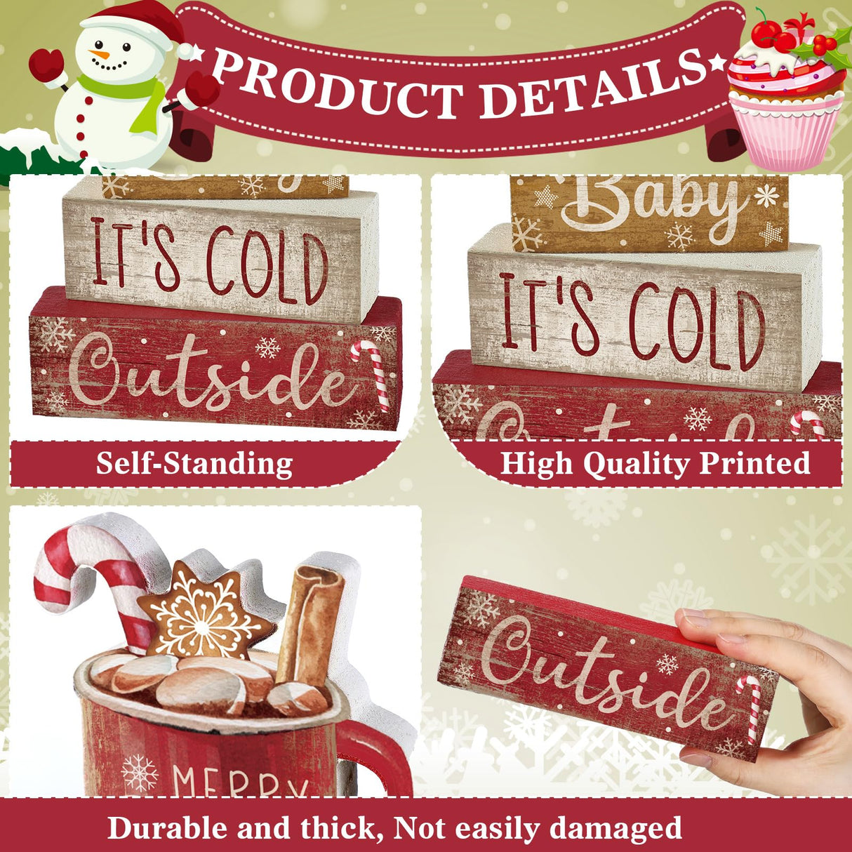 Moucuny 4 Pcs Christmas Table Decor Wooden Hot Cocoa Decoration Christmas Centerpiece Winter Tiered Tray Decor Decorative Red Hot Cocoa Block Signs Gift Farmhouse Xmas Decoration for Home Kitchen Moucuny