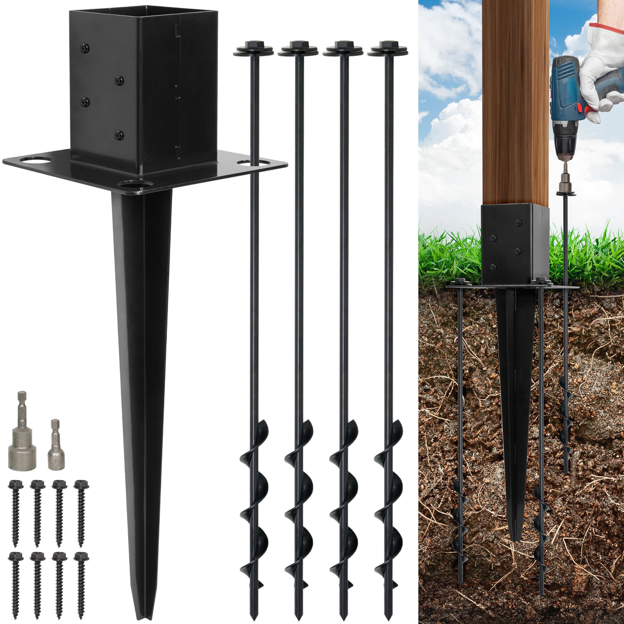 LADECH 4x4 Fence Post Anchor Ground Spike 24” Length with Ground Anchors Screw in - Metal Black Powder Coated – Mailbox Post Anchors – Fit 3.5x3.5 Standard (Black - 1 Pc) LADECH