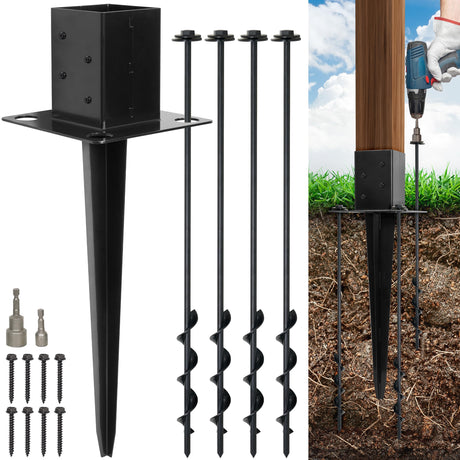 LADECH 4x4 Fence Post Anchor Ground Spike 24” Length with Ground Anchors Screw in - Metal Black Powder Coated – Mailbox Post Anchors – Fit 3.5x3.5 Standard (Black - 1 Pc) LADECH