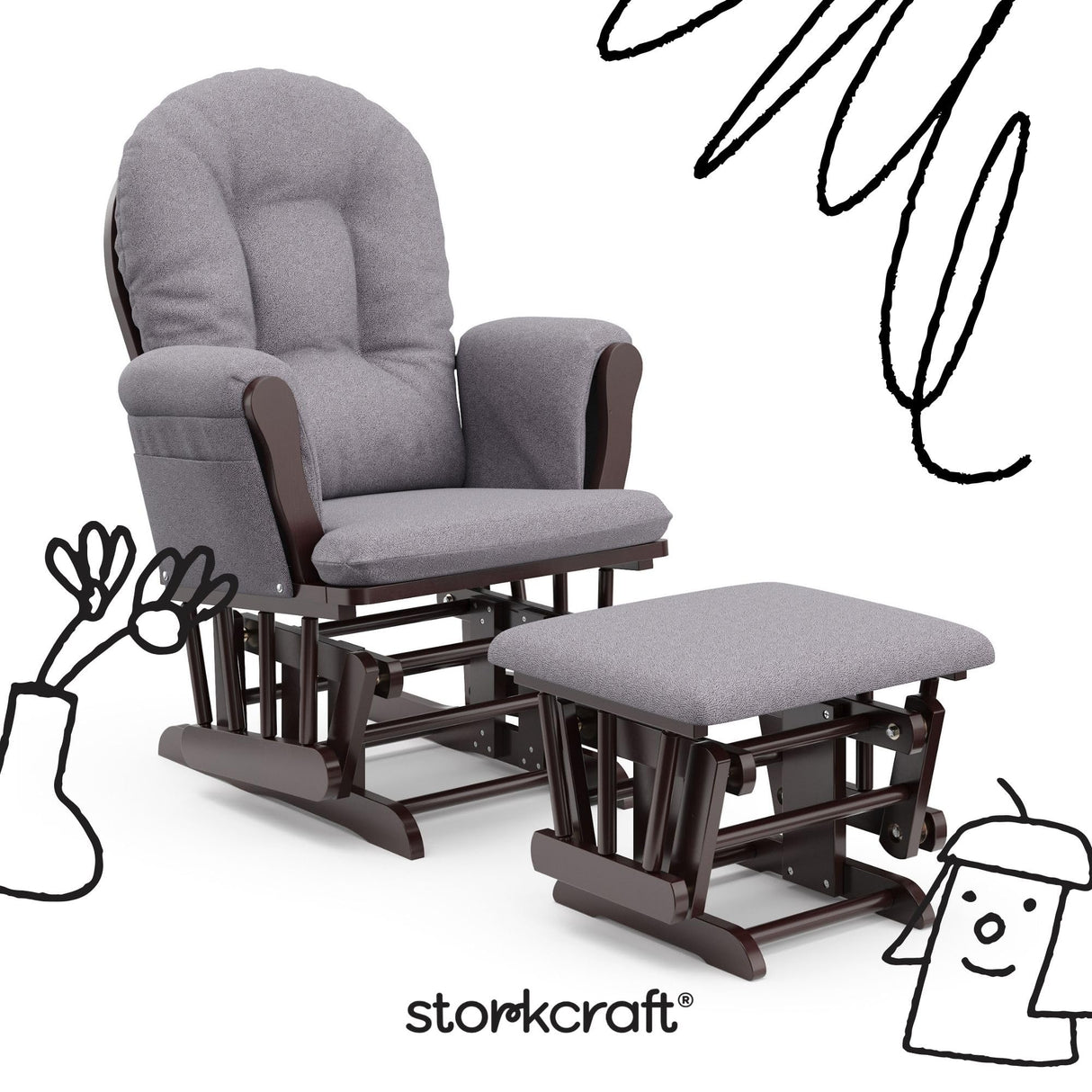 Storkcraft Premium Hoop Glider & Ottoman (Espresso/Gray Swirl) — GREENGUARD Gold Certified Nursery Glider, Solid Wood Craftsmanship, Smooth-Gliding Nursery Chair and Ottoman, Award-Winning Storkcraft