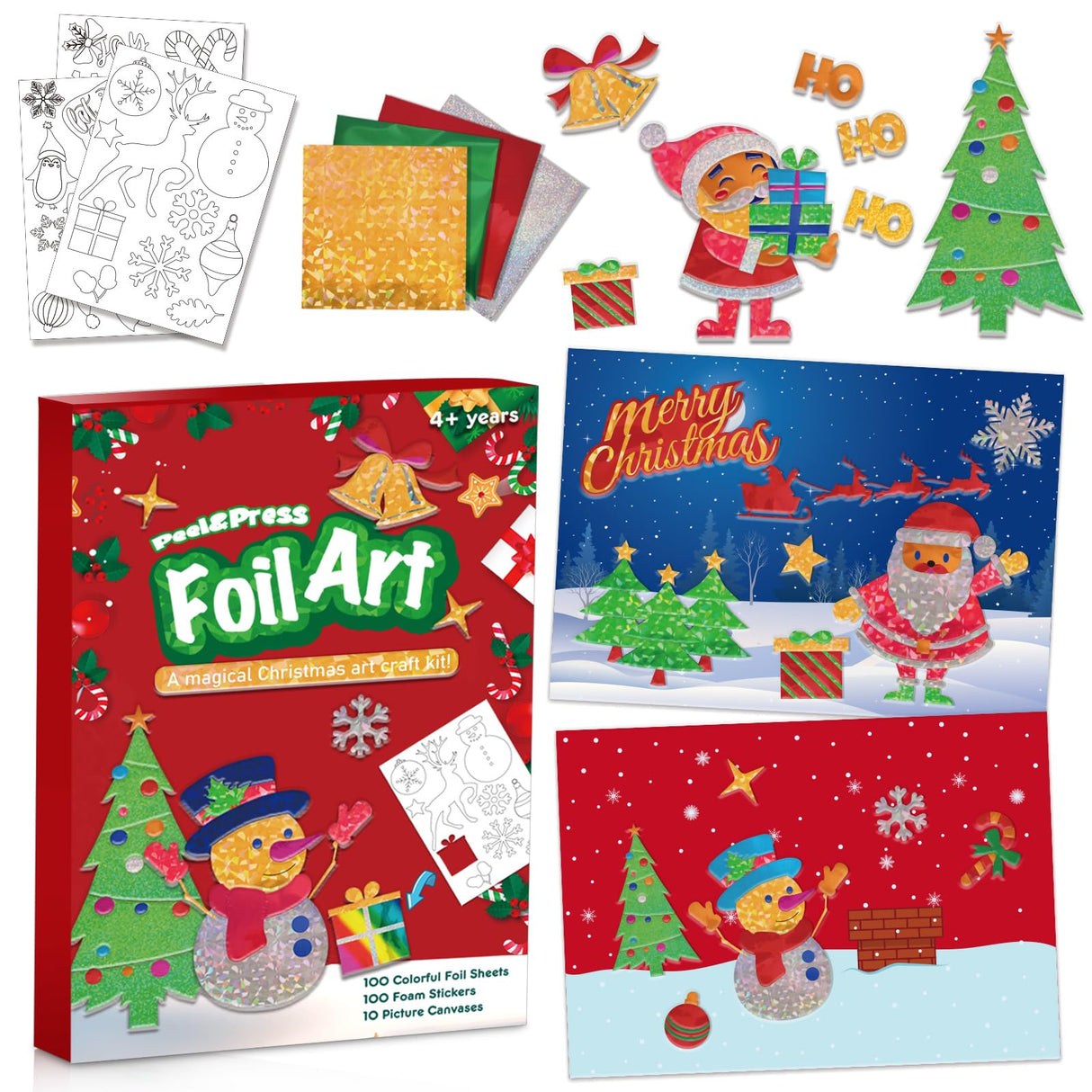 Vloso Christmas Fun Foil Art Kit for Kids,No Mess Art Creative Activity Travel Art and Crafts for Kids,Christmas Gifts Crafts for Girls&Boys Ages 4, 5, 6, 7, 8, 9(Christmas) Vloso
