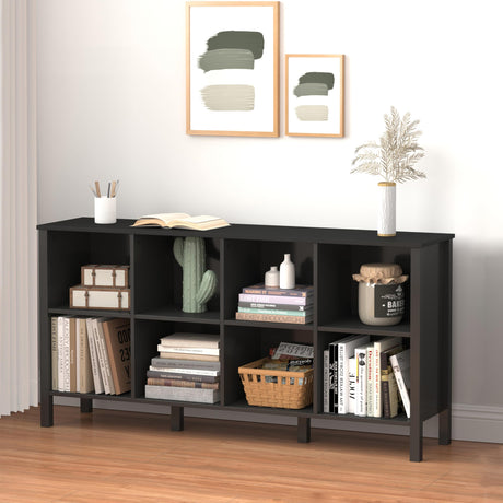 NewBeth 8-Cube Bookcase, Farmhouse Wooden Bookshelf Low Storage Organizer, 59" Horizontal Black Console with Legs, Hallway Book Case for Entryway, Display Cabinet for Living Room (Black, 8-Cube) NewBeth