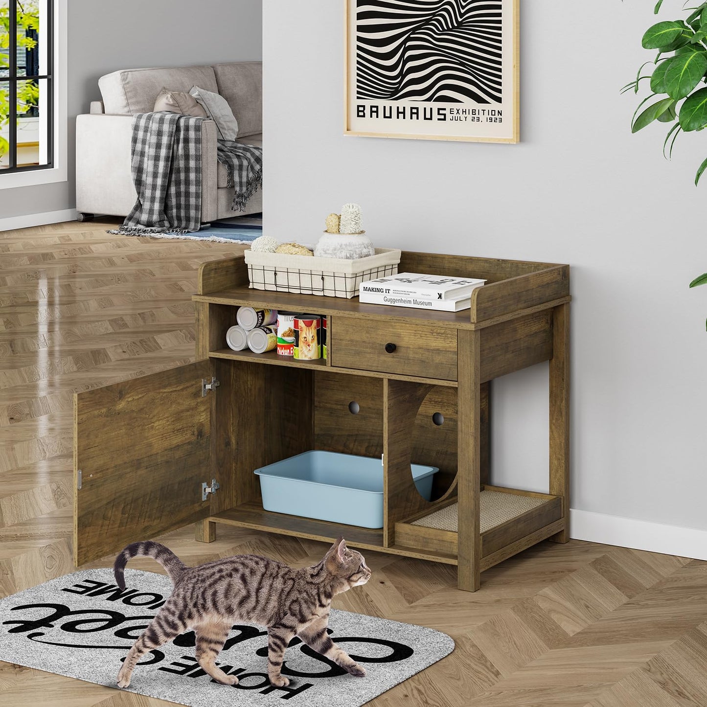 Cat Litter Box Enclosure Furniture,Llitter Box Enclosure with Shelves and Scratcher,Wooden Cat Litter Cabinet with Drawer,Cat Furniture Litter Box - WoodArtSupply