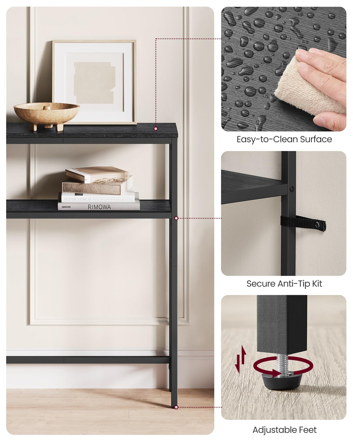 VASAGLE Console Table, 2-Tier Sofa Table, 7.9 x 39.4 x 31.5 Inches, Narrow Entryway Table, Modern Entry Table with 2 Shelves, for Living Room, Bedroom, Charcoal Gray and Ink Black ULNT131B22 VASAGLE