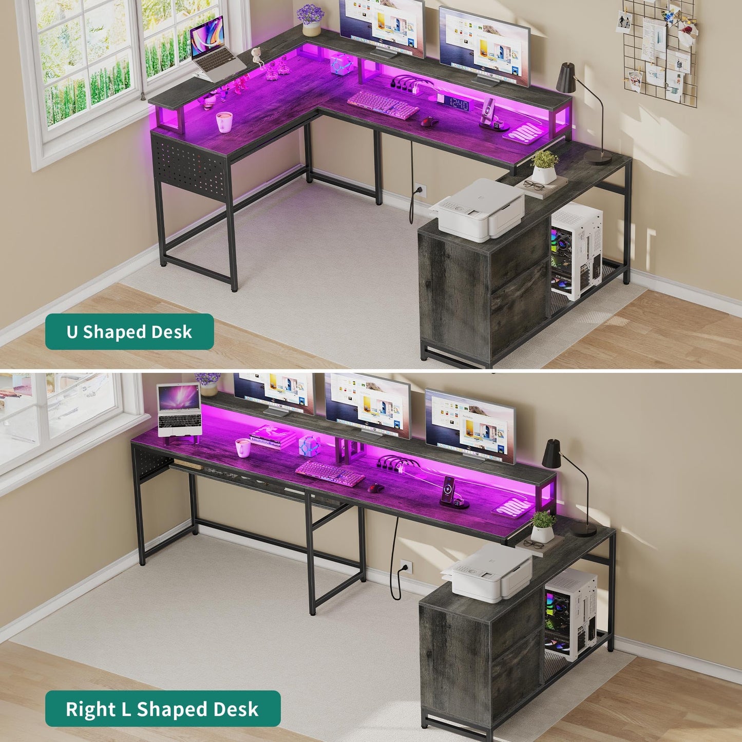 YITAHOME Versatile U Shaped Desk with Power Outlets, LED Lights & Storage Solutions in Grey - WoodArtSupply