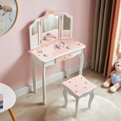 Nromant Kids Vanity Table and Chair Set, Girls Vanity Set with Stool, Tri-Folding Mirror, Makeup Dressing Princess Table with Drawer for Little Girls