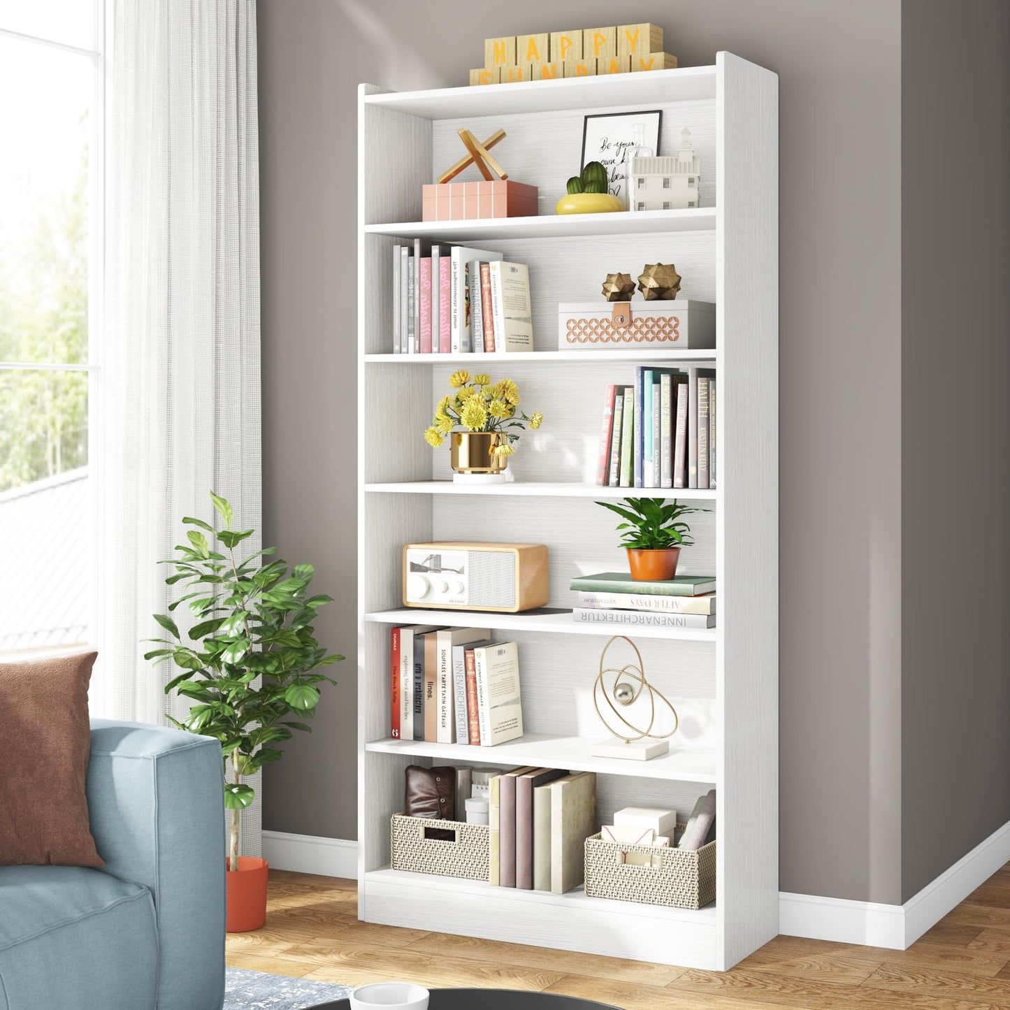 Modern 7-Tier White Bookshelf by Tribesigns - 78-inch Tall Open Library Storage Unit for Home and Office - WoodArtSupply