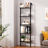 YMYNY Industrial 5-Tier Wall-Mounted Ladder Bookcase - Black Wooden Storage Shelves YMYNY