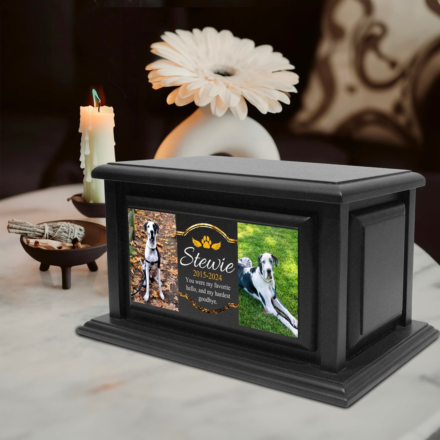 250lbs Personalized Pet Urns Made of Solid Pine Wood, Custom Urn Box for Dog Ashes, Large Burial and Cremation Urns for Dog Memorial, Black Wood Color (Design 1) - WoodArtSupply