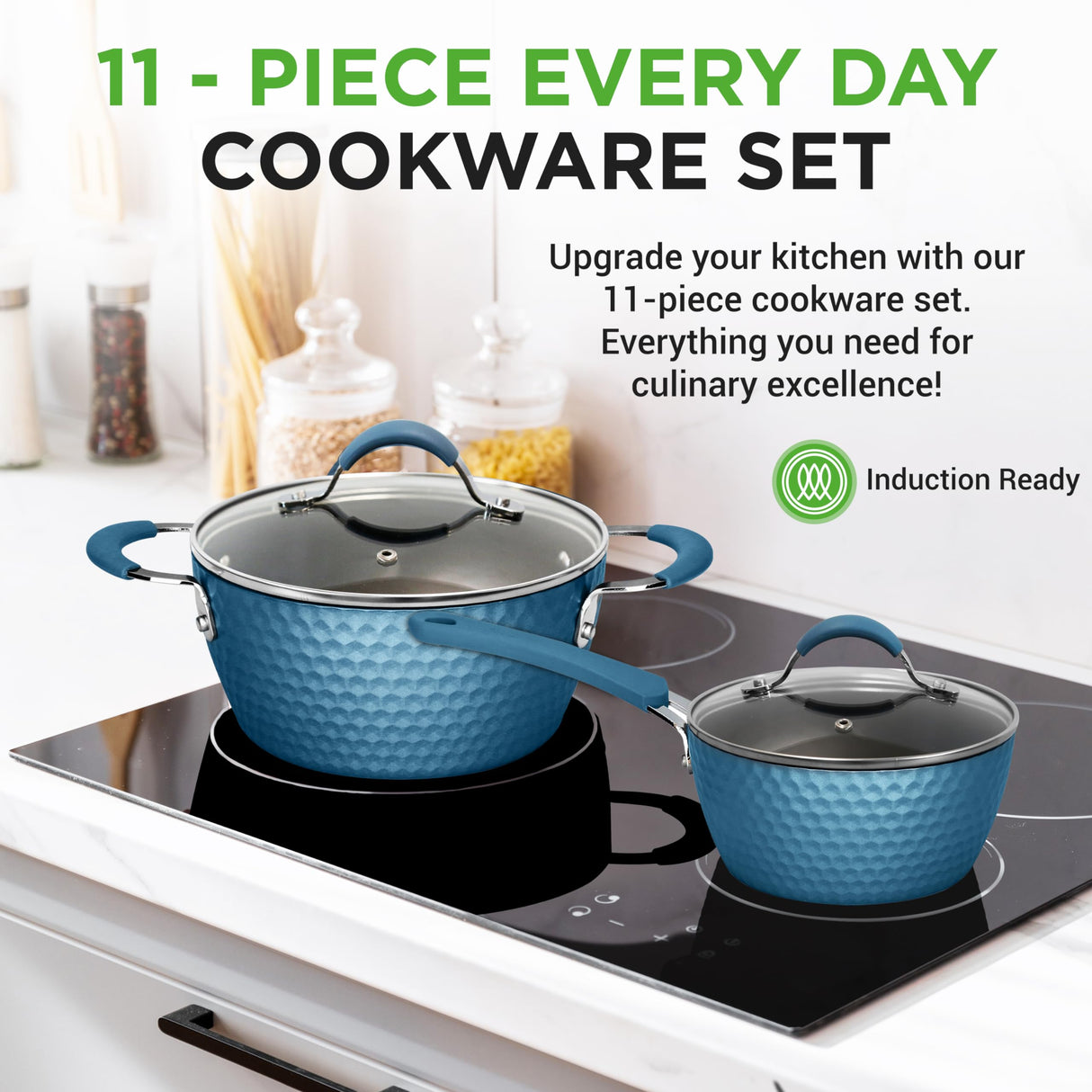 NutriChef 11 Pc Pots and Pans Set Non Stick Cookware with Ceramic Coating, Ergonomic Handles, Induction Ready, Includes Saucepan, Dutch Oven, Large & Small Fry Pans, Royal Blue NutriChef
