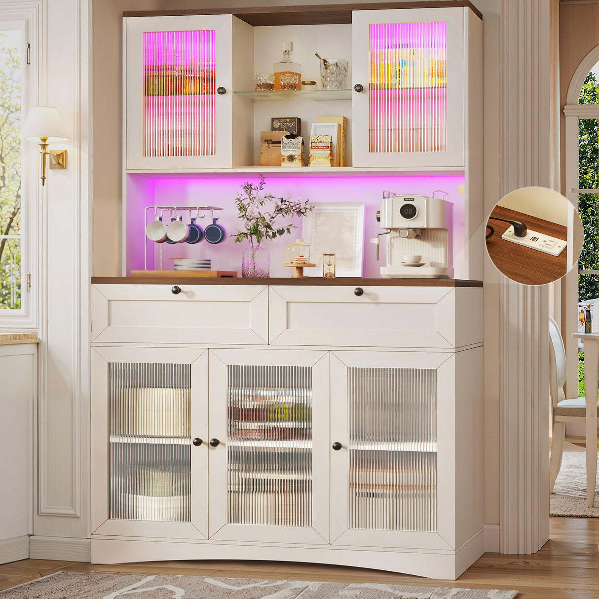 HUAHUU 71" Pantry Cabinet with Charging Station and LED Light, Modern Kitchen Pantry Cabinet with Microwave Stand, Tall Kitchen Hutch Food Pantry with Drawers & Shelves for Dining Room, White HUAHUU