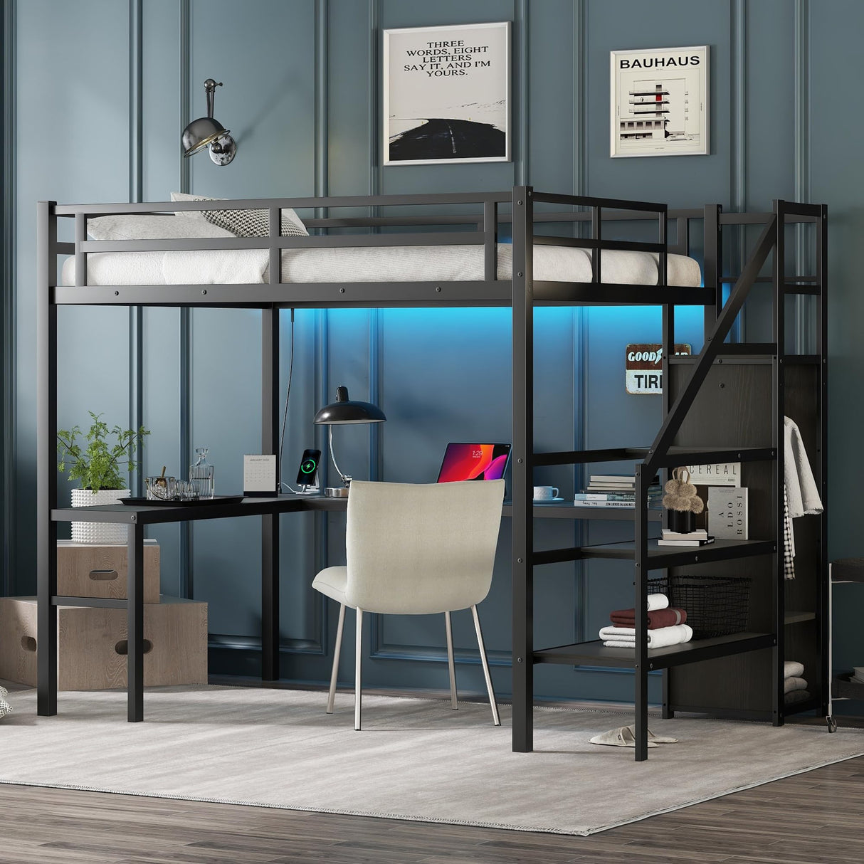 Full Size Metal Loft Bed with Desk and Wardrobe,Heavy Duty Loft Bed Frame with Storage Stairs,LED Loft Bed Full with Charging Station, Space Saving Loft Bed Full for Kids,Teens,Adults,Black Bellemave