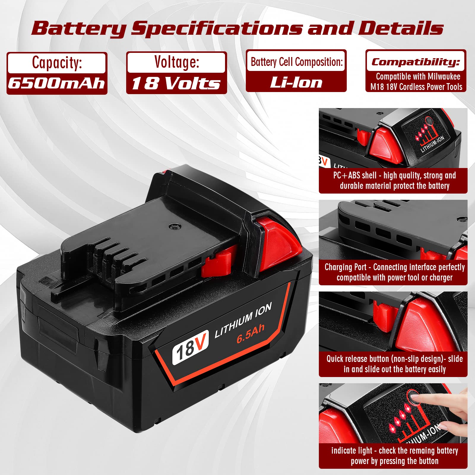 HUSUE 6.5Ah 18V Replacement Battery for Milwaukee M18 Battery, Lithium Battery Compatible with Milwaukee M18 18V 48-11-1815, 48-11-1820, 48-11-1840, 48-11-1850, 48-11-1860 Cordless Power Tool - WoodArtSupply