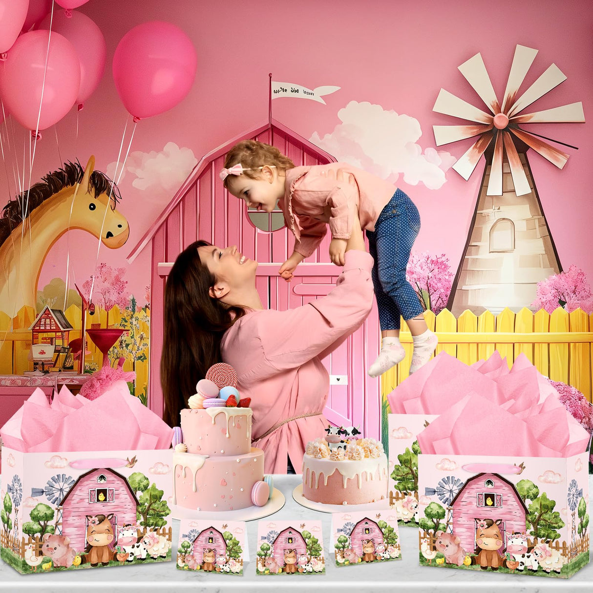 Farm Animals Theme Birthday Gift Bag for Girls Baby Shower Pink Farmhouse Barnyard Gift Bag Wrapping Paper Card Large Cows Pigs Gifts Bag for Baby Shower Farm Birthday Party Favors Supplies Innovoscape